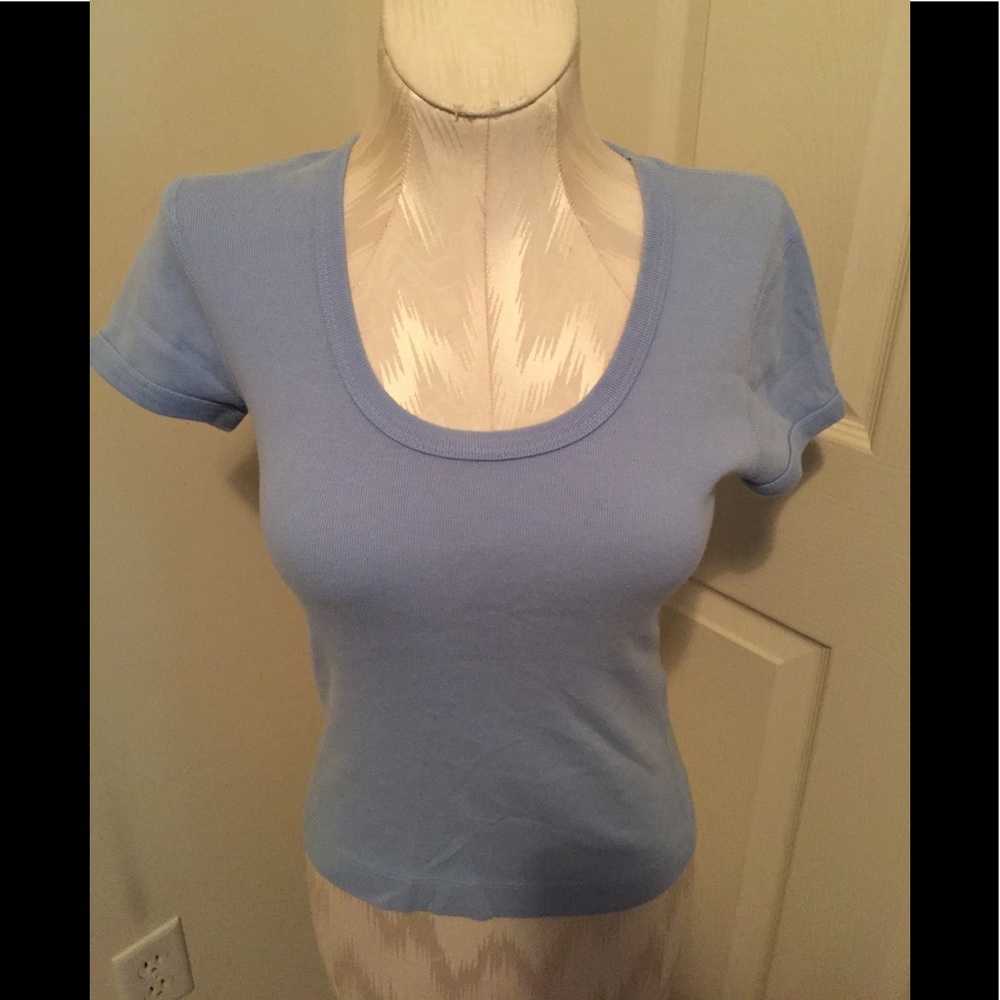 Three Dots Sky Blue Fitted Short Sleeve Top